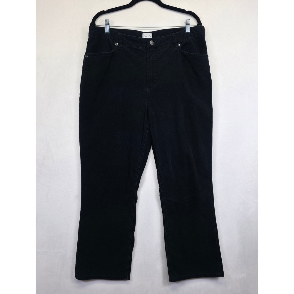 Chicos Black Pants Womens 2.5/14 Short Black Straight High Rise Curvy Corduroy